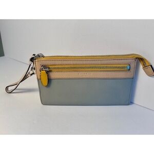 Coach Colorblock Leather Wristlet Grey Beige Yellow Zip Top Clutch Wallet